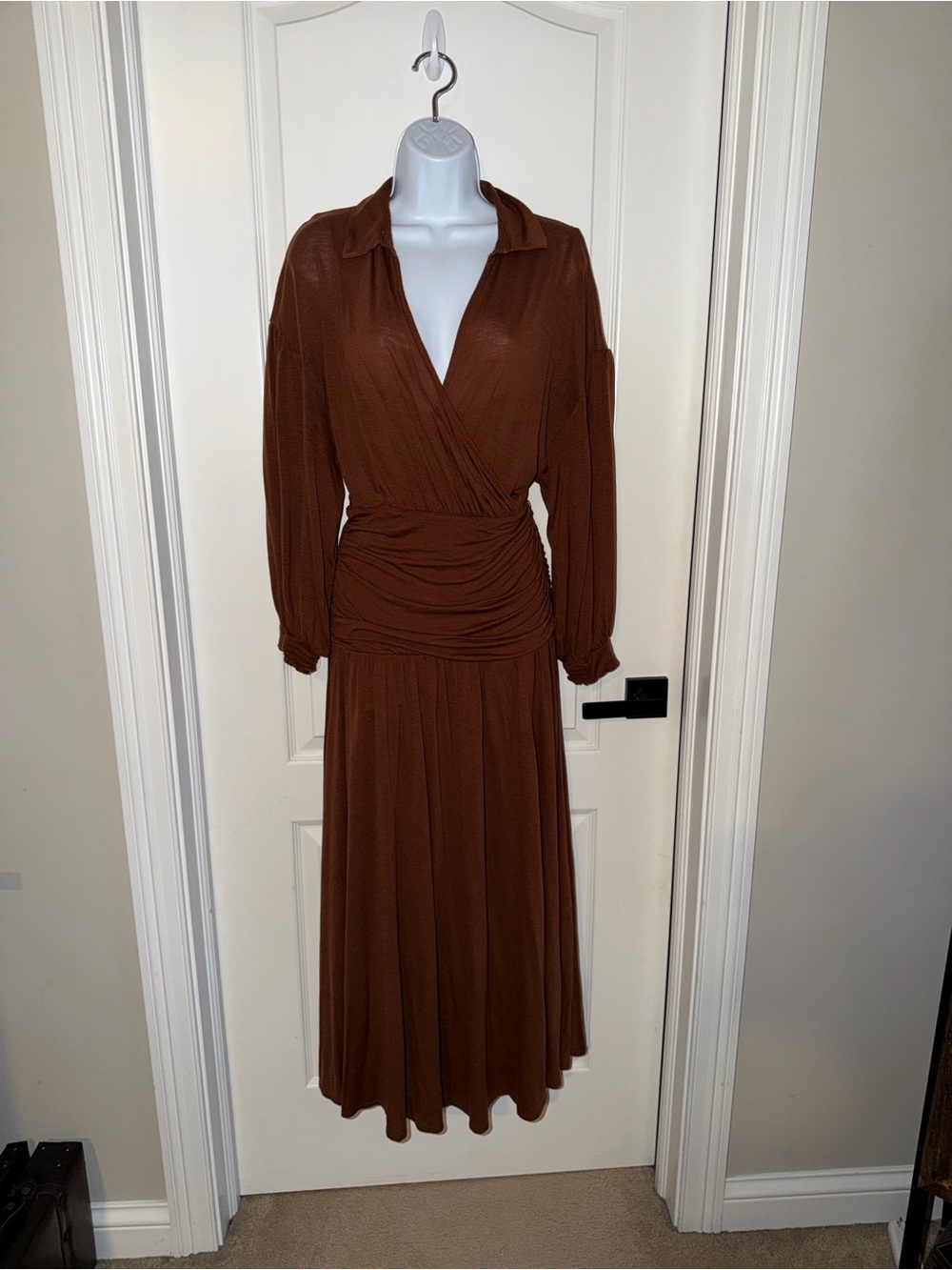 Maeve Anthropologie Midi Dress M Rust Tencel Wool Ruched Wrap Long Sleeve